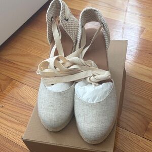J. Crew Natural Linen Lace-Up Espadrille Wedges - Beige